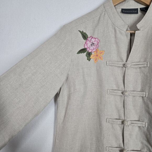 Relativity Linen Jacket Sz S Beige Pink Green Floral Embroider Coquette Coastal - Picture 3 of 14